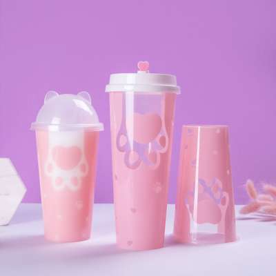 Custom 24oz printing unique beverage disposable container 700 ml milktea ice cream pink hard plastic cup with dome lids